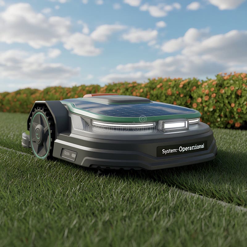 Robotic Lawn Mower with Solar Panels on Green Grass Stock Illustration ...